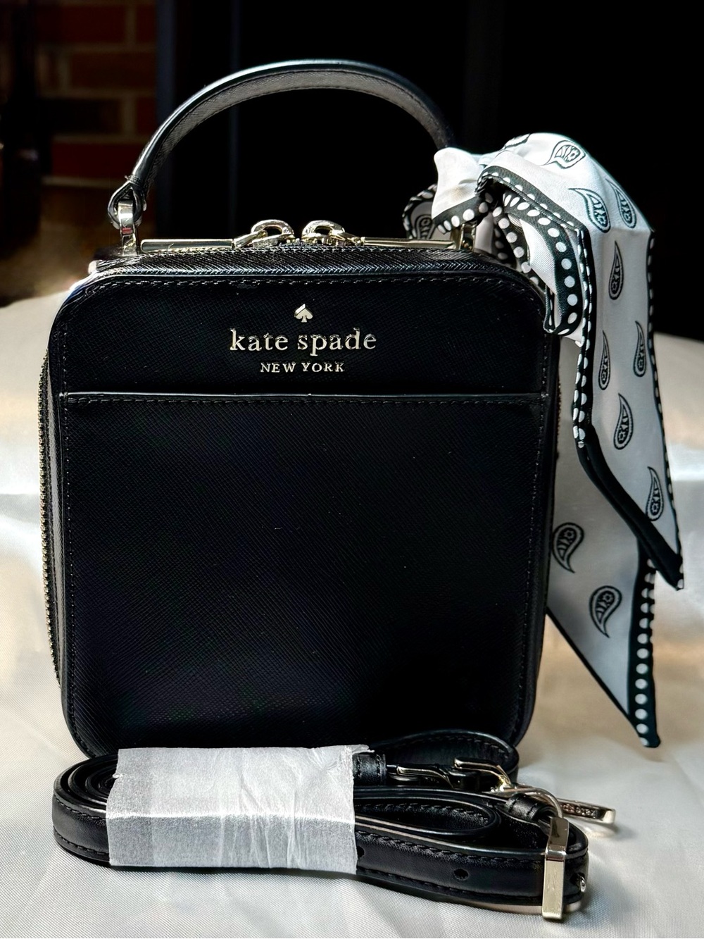 NWOT Kate Spade Black Mini Top-Handle Crossbody with Gold Hardware and Scarf